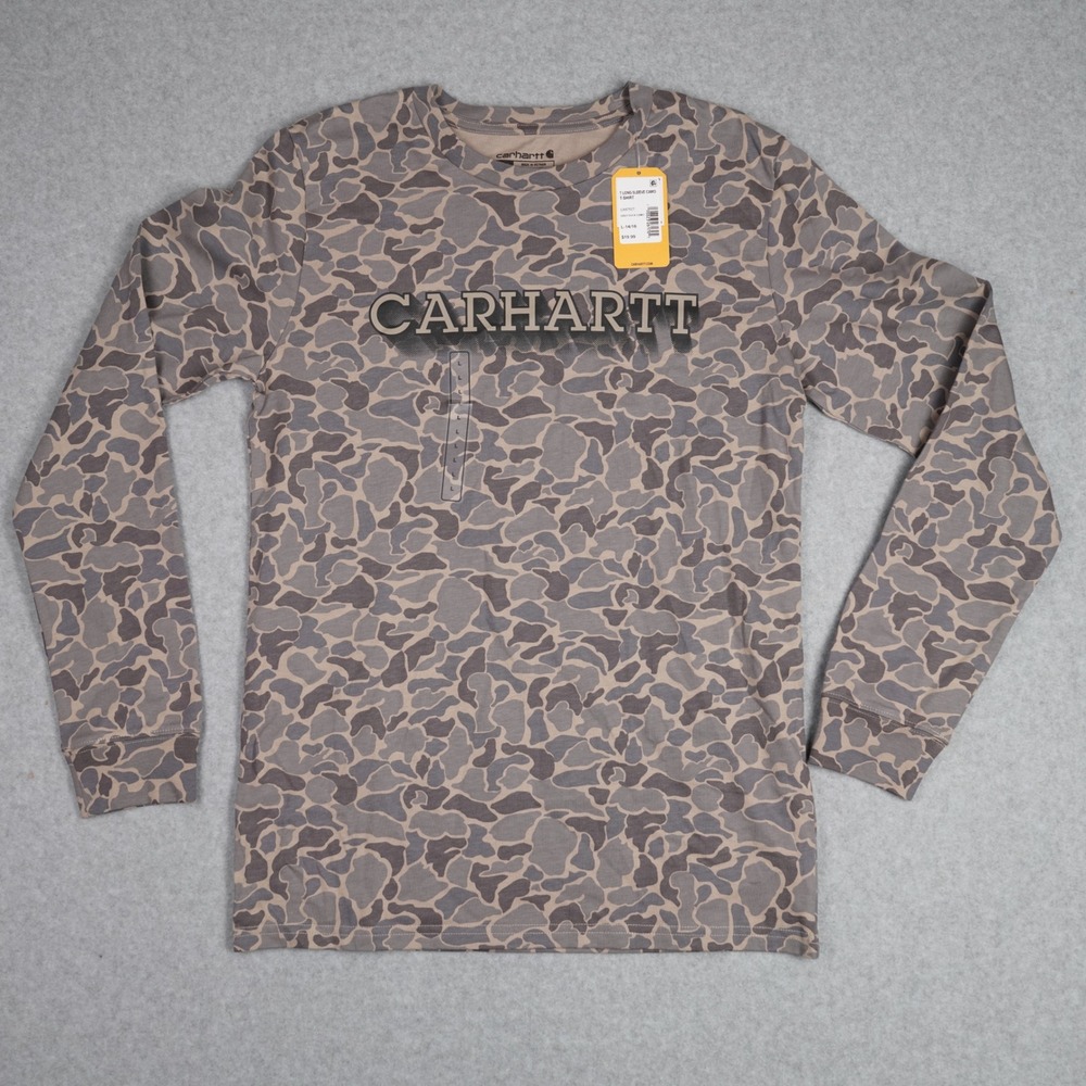 Carhartt T-Shirt Kids L 14/16 Grey Duck Camo Long-Sleeve Graphic CA6752T Logo